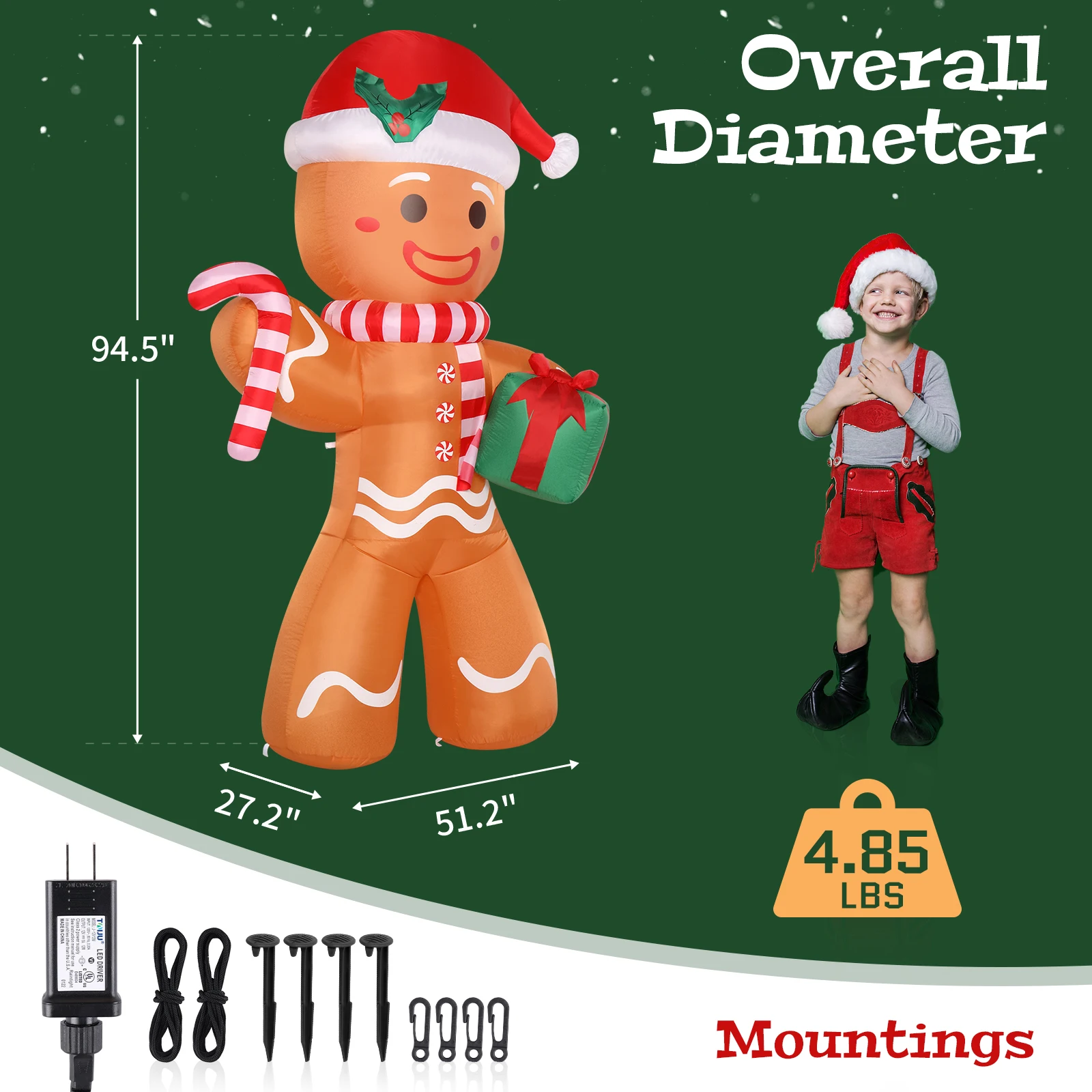 8FT Lighted Christmas Inflatable Gingerbread Man Decoration, 5 Built-in LED Lights, Gingerbread Man with Candy Cane & Gift Box, Blow Up Yard Decor for Lawn Garden Holiday Party