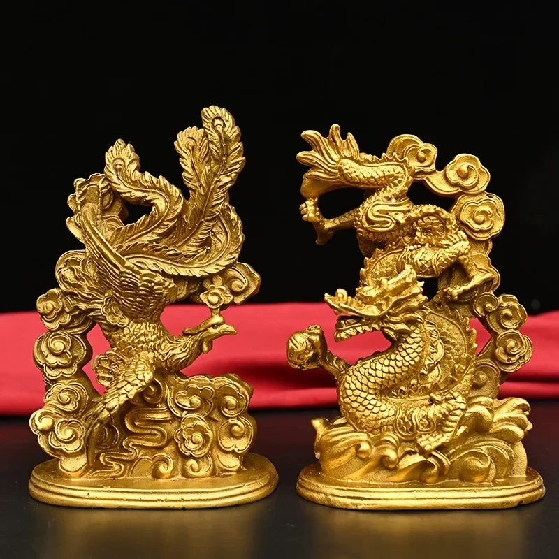 

6"Tibetan Temple Collection Old Brass Dragon Phoenix Statue A pair Chengxiang Gather wealth Office Ornaments Town House Exorcism