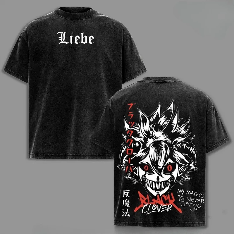 Asta Liebe Print T-shirt Anime Black Clover Clothing Men Women Cotton Tshirts Retro Washed T Shirt Harajuku Male Casual Tops
