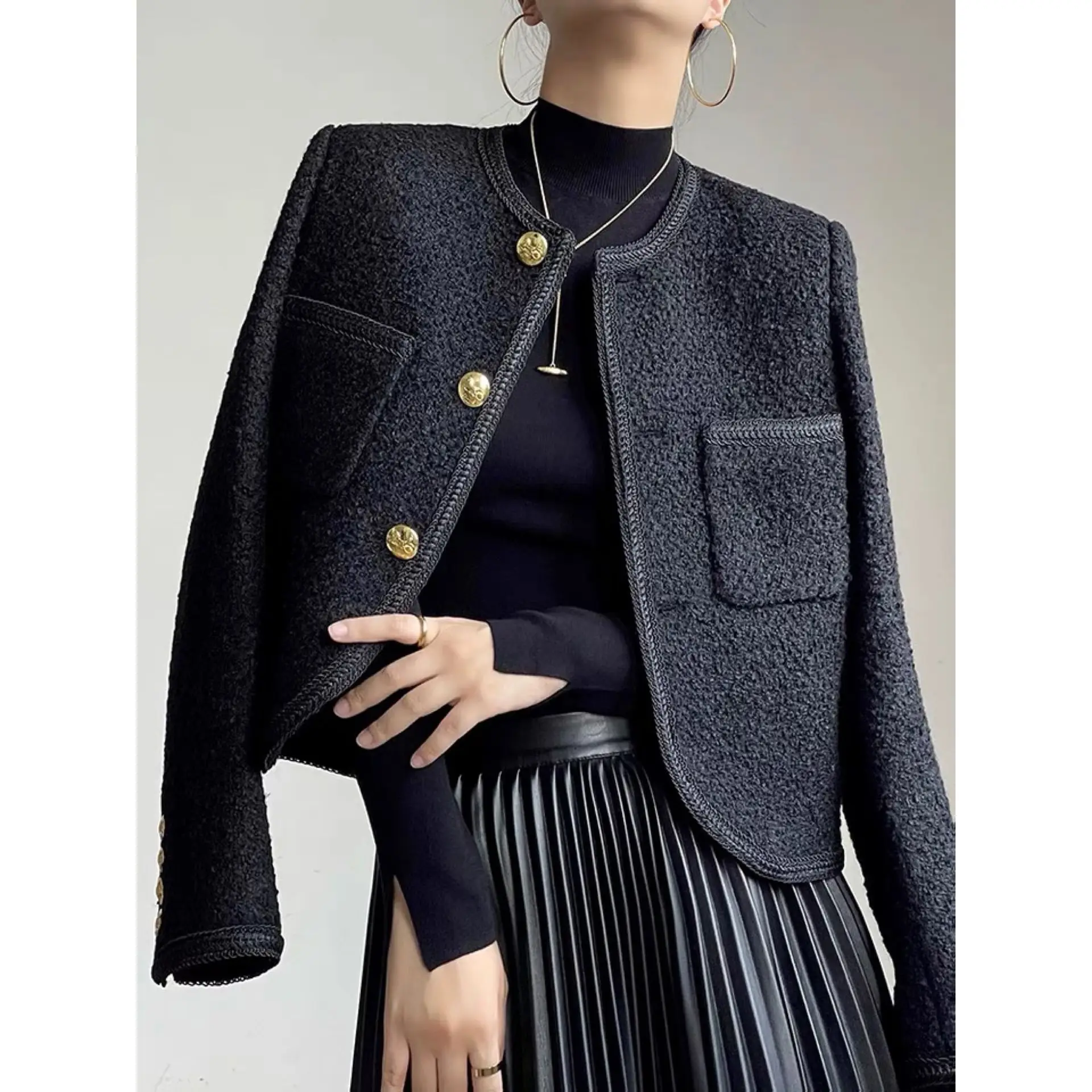 

'S Woolen Tweed , Elegant, Black And White Metal Buckle, Small F Coat, Top, Women'S Clothing,