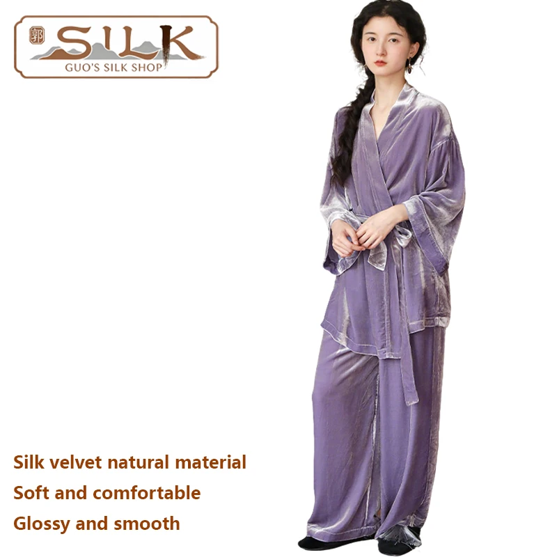 

High-end Silk Velvet Women's Suit - Coat and Pants Set - Loose-Fitting Casual Homewear for Comfortable Sleeping Spring Autumn