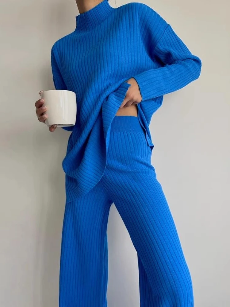 

Women's Fashion Casual Knit Sweater Set High Neck Long Sleeve Ribbed Top & Wide Leg Pants Slimming 2PCS Loungewear Outfit