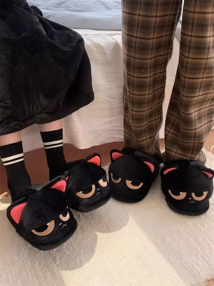 New big eyes angry kitty slippers woman indoor fuzzy shoes women\'s winter warm cat slippers floor shoes fur slides house shoes