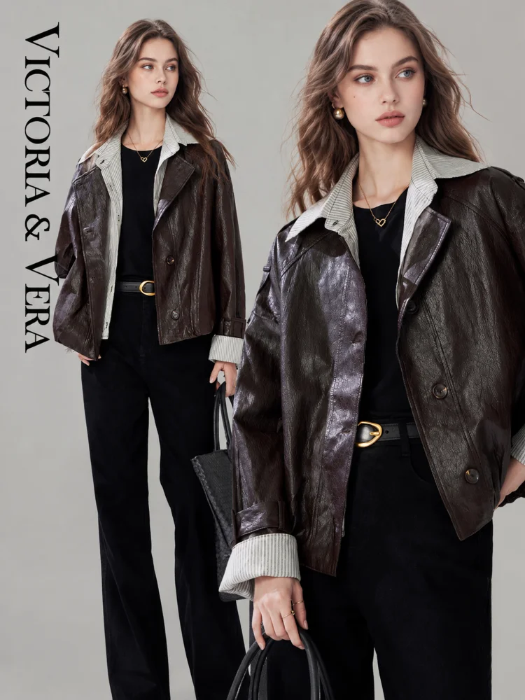 Women's Layered Collar Trucker Jacket, Button‑Front Loose Cropped Moto Coat, Vintage Contrast Cuff Fall Outerwear