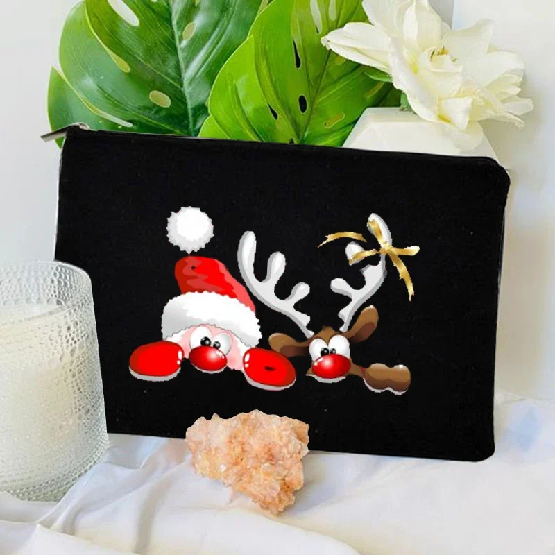 2023 Christmas Present Santa Claus Black Printed Zipper Makeup Bag Cosmetic Pouch Organizer for Cosmetics Pencil Cases for Girl