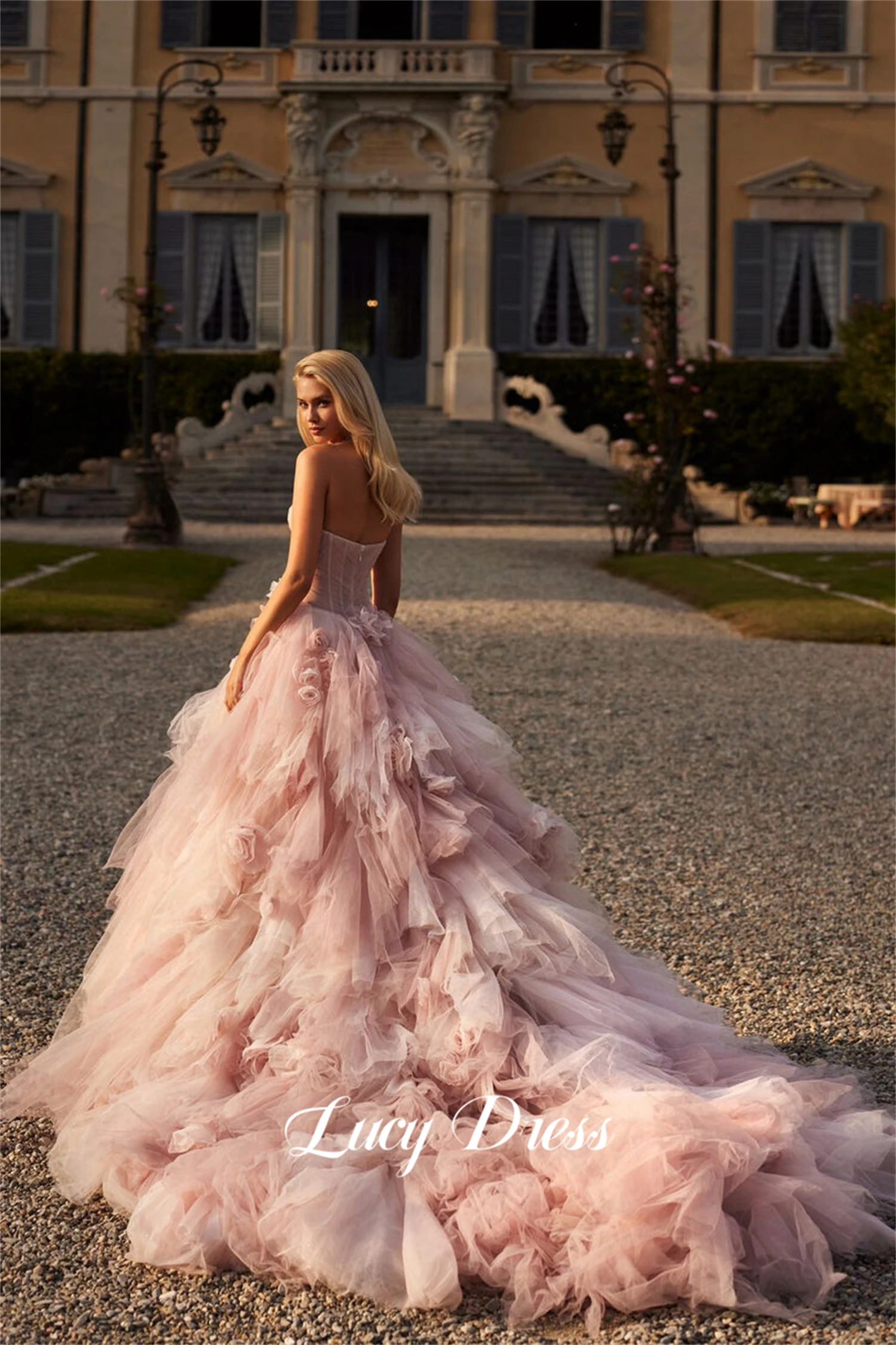 Lucy-Vestidos De Noche De malla esponjosa para mujer, decoración De flores, fiesta De boda, vestidos De graduación, 2024