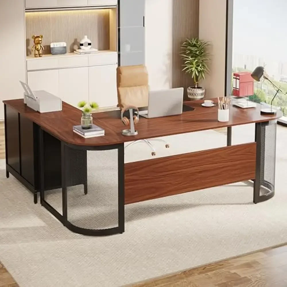 Modern L-Shaped Executive Desk with File Cabinet Storage Shelves and Drawer Large Computer Workstation with Vintage Charm Brown