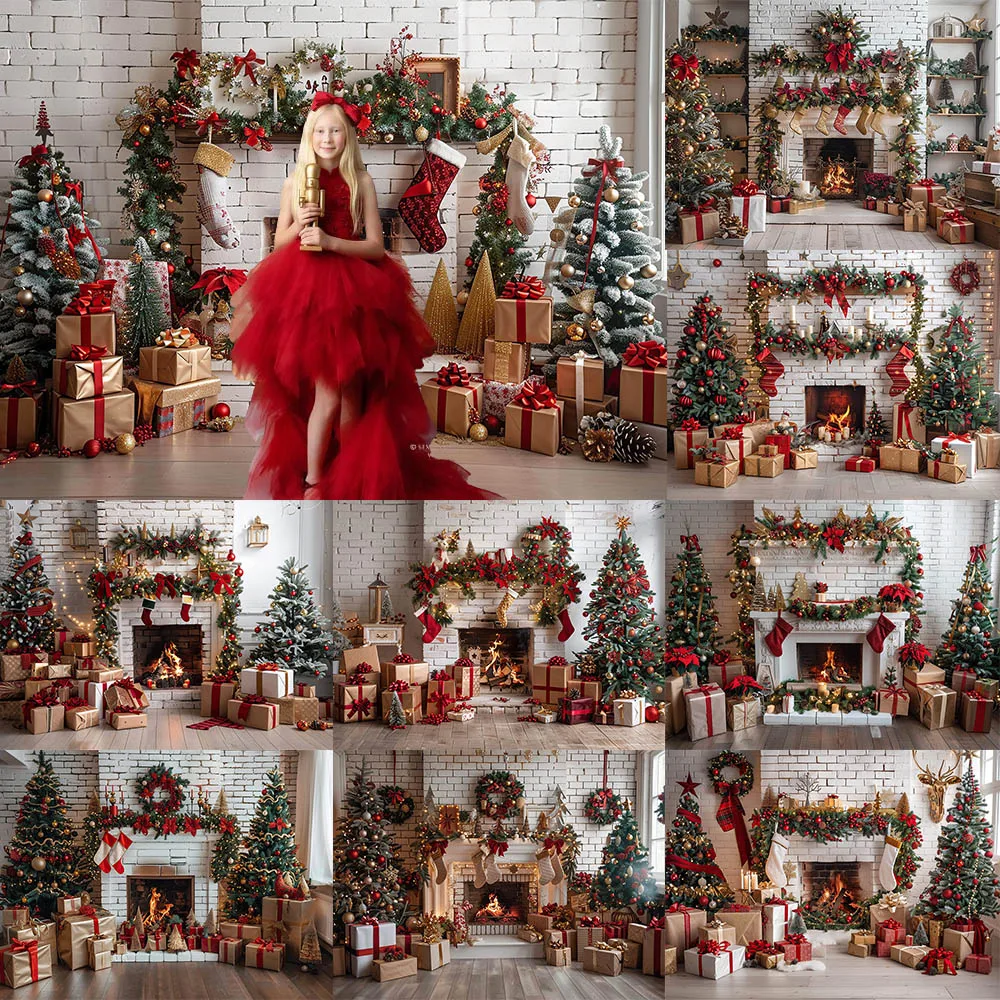 

Christmas Fireplace Theme Photography Background XMAS Tree Gift Box Garland Decor Family Party Backdrop Photo For Studio