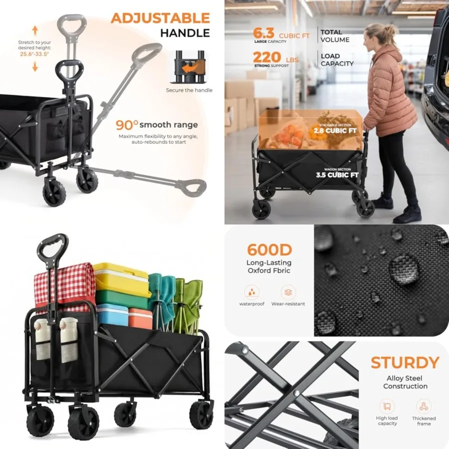 

Collapsible Wagon 220 lbs, Heavy Duty Wagon Carts Foldable, Portable Wagons for Groceries, Beach Cart with All-Terrain Wheels & Drink Holders, Utility Wagon for Shopping, Sports, Camping,Black