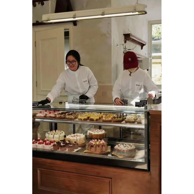 custom.Refrigerated Standing Wooden Bakery Pastry Display Stand Glass Back Ladder Shelf LED Lighting Varnished High