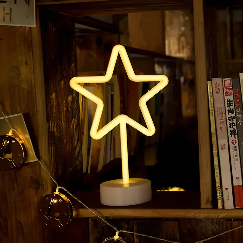 Letrero de luz de neón de estrella 2025, luces LED de diseño, luces de figura alimentadas por USB y con batería, decoración del hogar, luces de noche de mesa