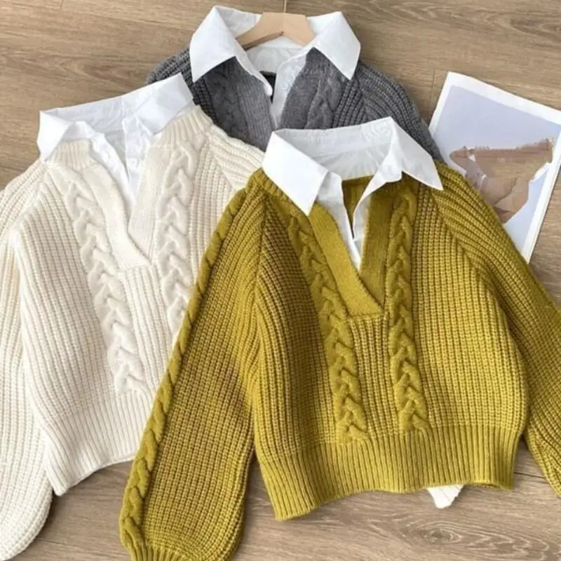 

Fake two sweaters Women's autumn and winter Japanese lazy retro design sense Small crowd Fried Dough Twists knitwear sweater