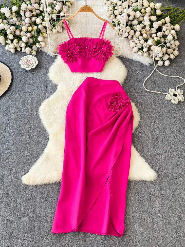 

3D Floral Slimming Strap Tank Tops + High Waist A-line Maxi Skirts Set Womens Holiday Beach Elegant Two-piece Set