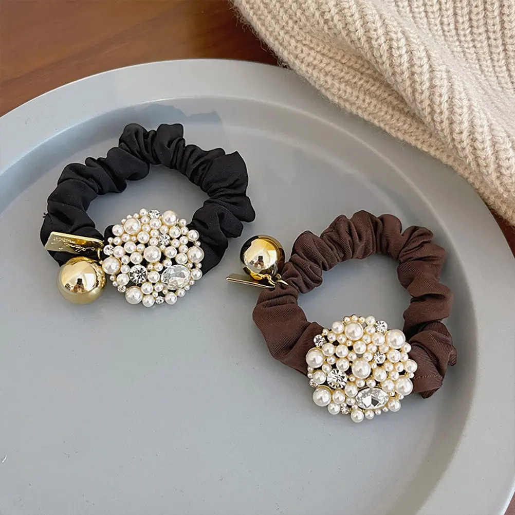 2Pcs Pearl Ponytail Holder Rhinestone Hair Cuff Elegant Ponytail Buckle for Women Fine Crafted Hair Band for Exercise Yoga