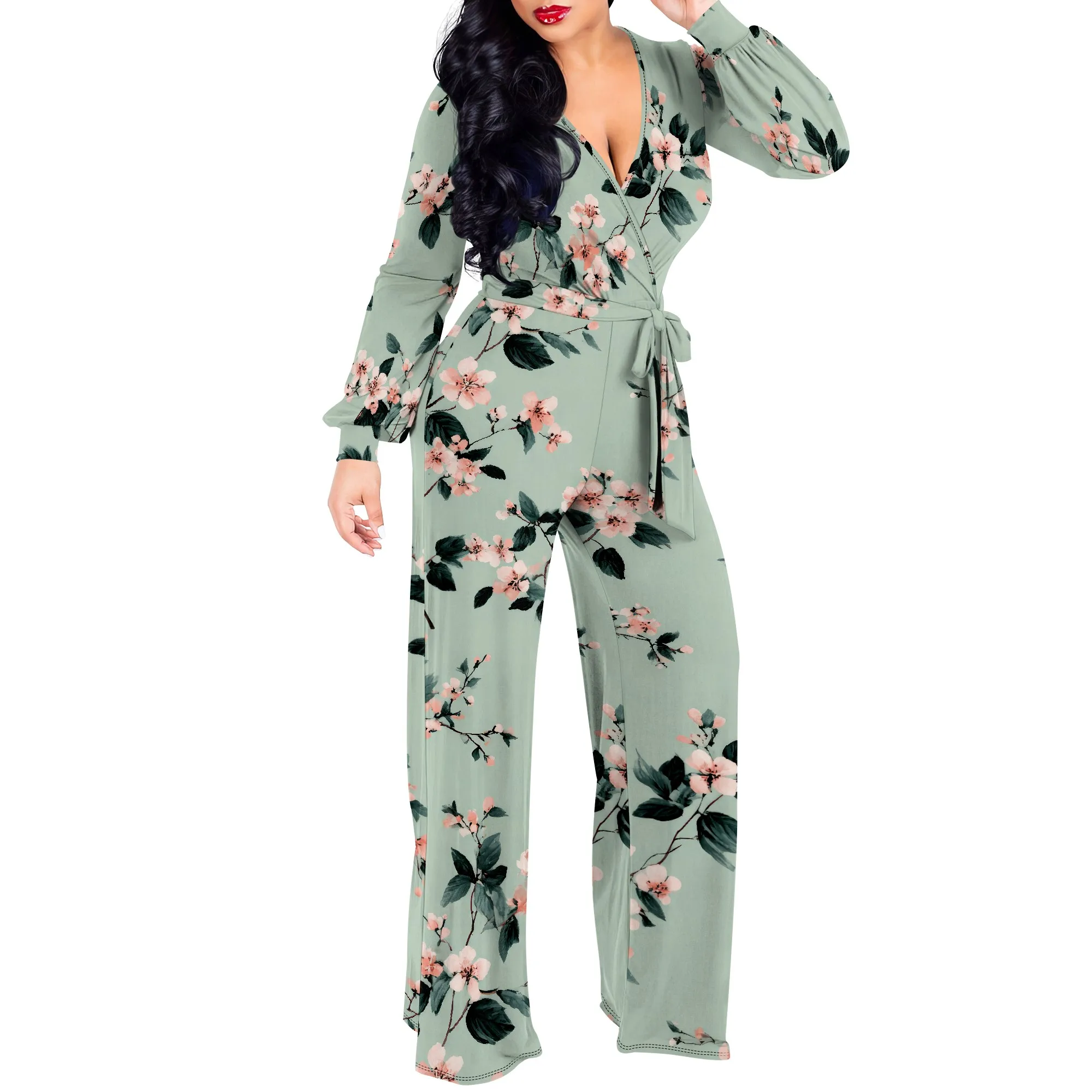 Macacões femininos elegantes negócios casual botão para baixo decote em v alça de manga comprida calças compridas retas com bolsos