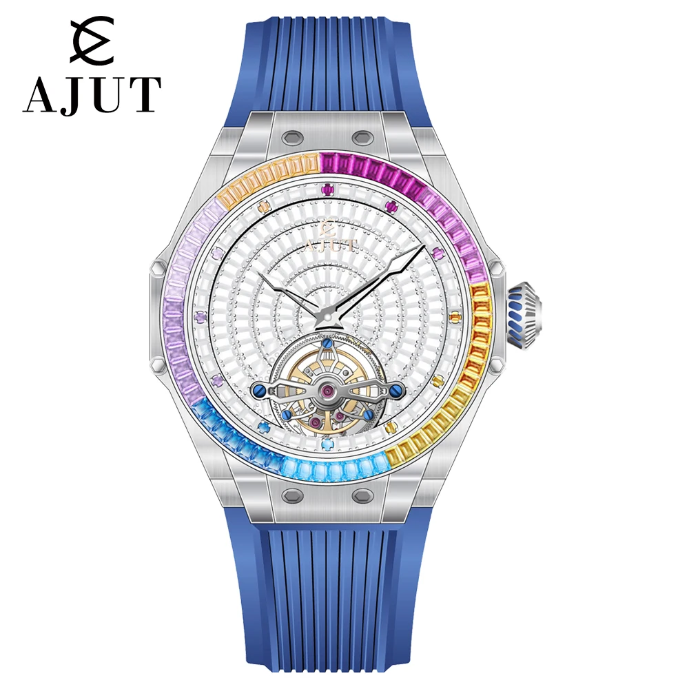 AJUT 0382 Luxury Square Diamond Inlaid Mens Watches Sapphire Mirror Tourbillon Mechanical Hollow Movement Watch For Man Fashion