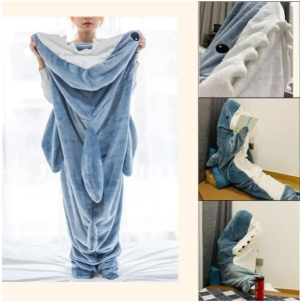 New Winter Cartoon Shark Sleeping Bag Animal One-piece Pajamas Flannel Shark Home Clothes One-piece Shark Pajamas