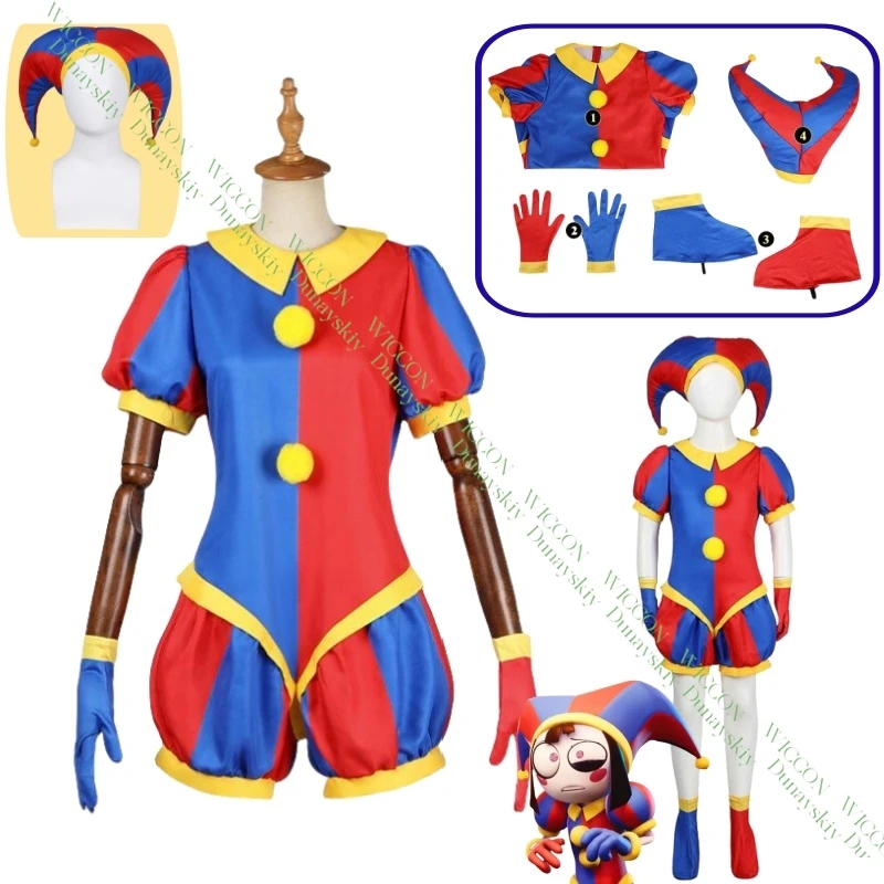 

Комплект цифровых костюмов для косплея для взрослых и детей, маска для косплея Pomni, шляпа, цирковой комбинезон, милый наряд клоуна, идеальная рождественская вечеринка с героями мультфильмов