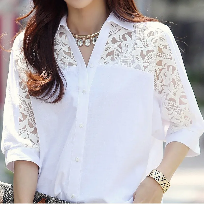 Sexy Lace Patchwork White Chiffon Button Up Shirt for Women Summer Casual Simple Loose Half Sleeve Ladies Tops Blouses Clothing