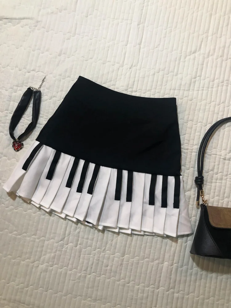 2000s Aesthetic Elegant Women Piano skirt Stripe Design Y2k Slim Mini Skirt Female Black White Spliced Korea Style Chic Outfits