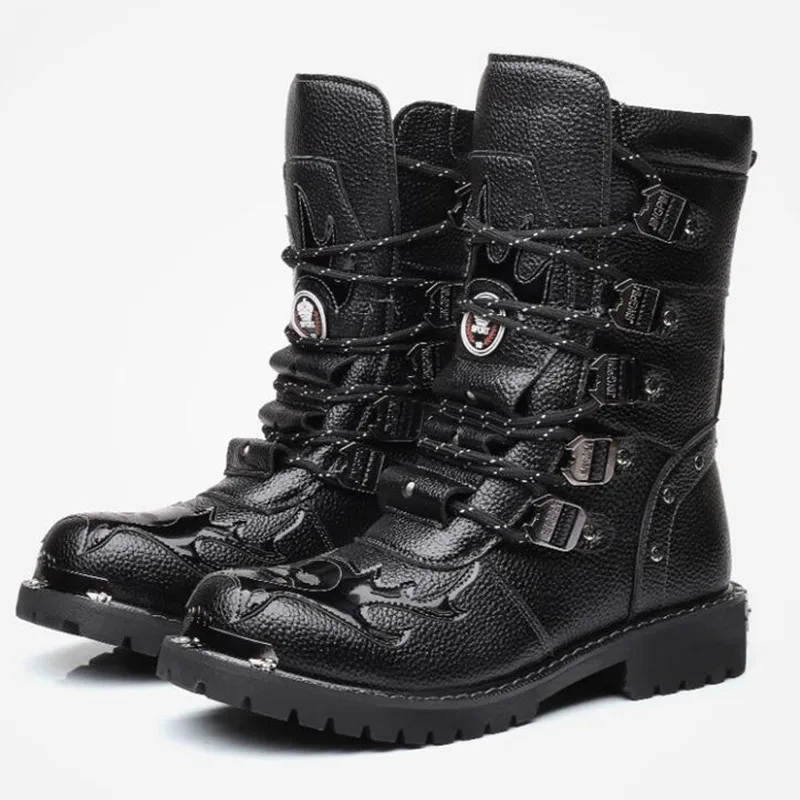 

Fashion New Men Motorcycle Boots Mid-Calf Punk Rock Punk Leather Black High Top Mens Casual Boot Steel Toe Shoes Big Size 38-46