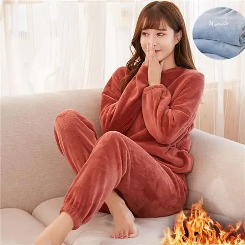 2022 Winter Pyjamas Warm Flannel Women Thick Leisure Wear Simplicit Coral Velvet Long Sleeve Solid Sleepwear Pajamas Set