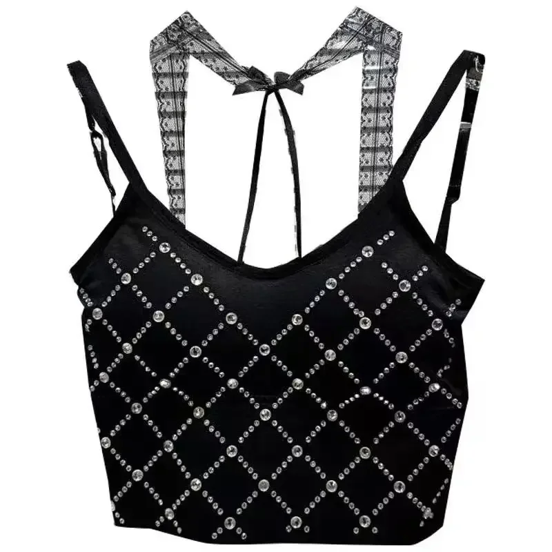 Summer 2023 New Sexy Backless Slim Vest Halter Neck Diamond Cushion Suspender Crop Top Woman Sexy Camisole