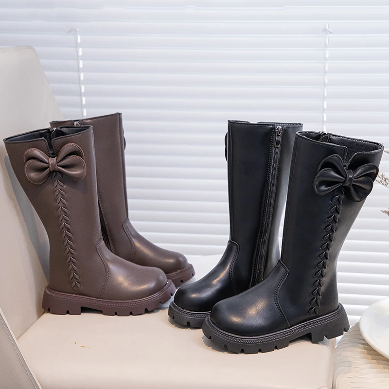 

Длинные сапоги принцессы для девочек, элегантные детские модные кожаные сапоги с бантом, детские сапоги до колена для подиума, новинка зимы 202, новинка