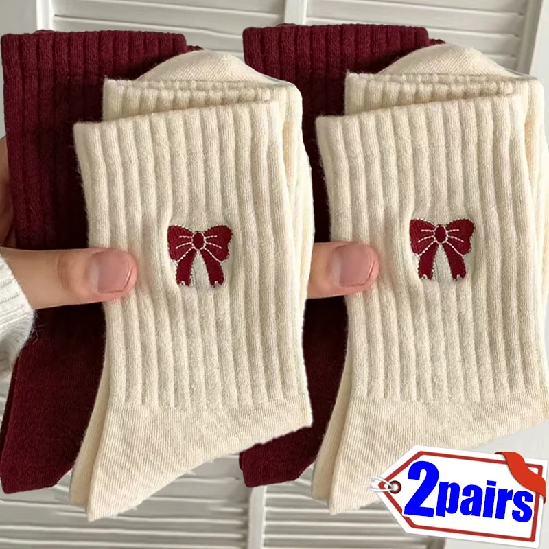 2 Pairs of Retro Red Bow Embroidered Cotton Socks Girls Cotton Designer Ballet Socks Elastic Breathable Spring Winter Stockings