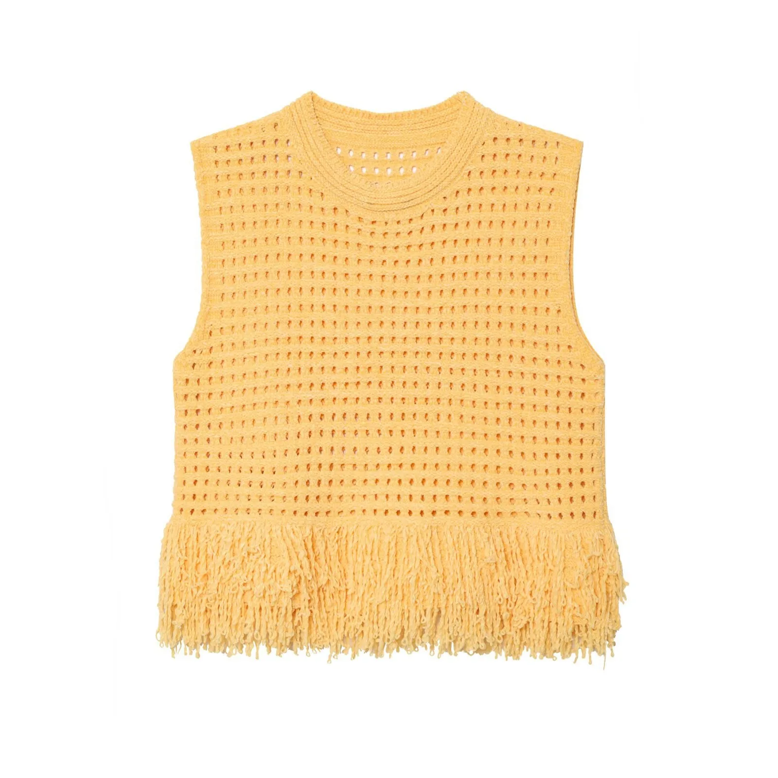 Summer Women's Clothing Fringe Trim Plaid Knit Top For Woman Sleeveless Slim Fit Polyester Cropped Y2K Streetwear Essential