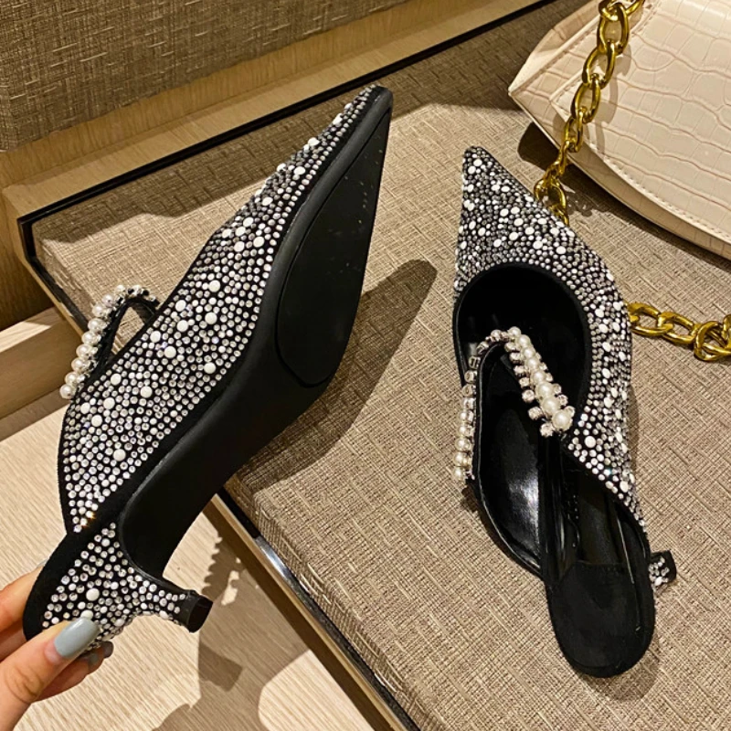 Rhinestone Luxury Sandals Women Pointed Toe High Heels Flip-flops Female Shiny Designer Slipper Women Fashion Mule Pumps Women