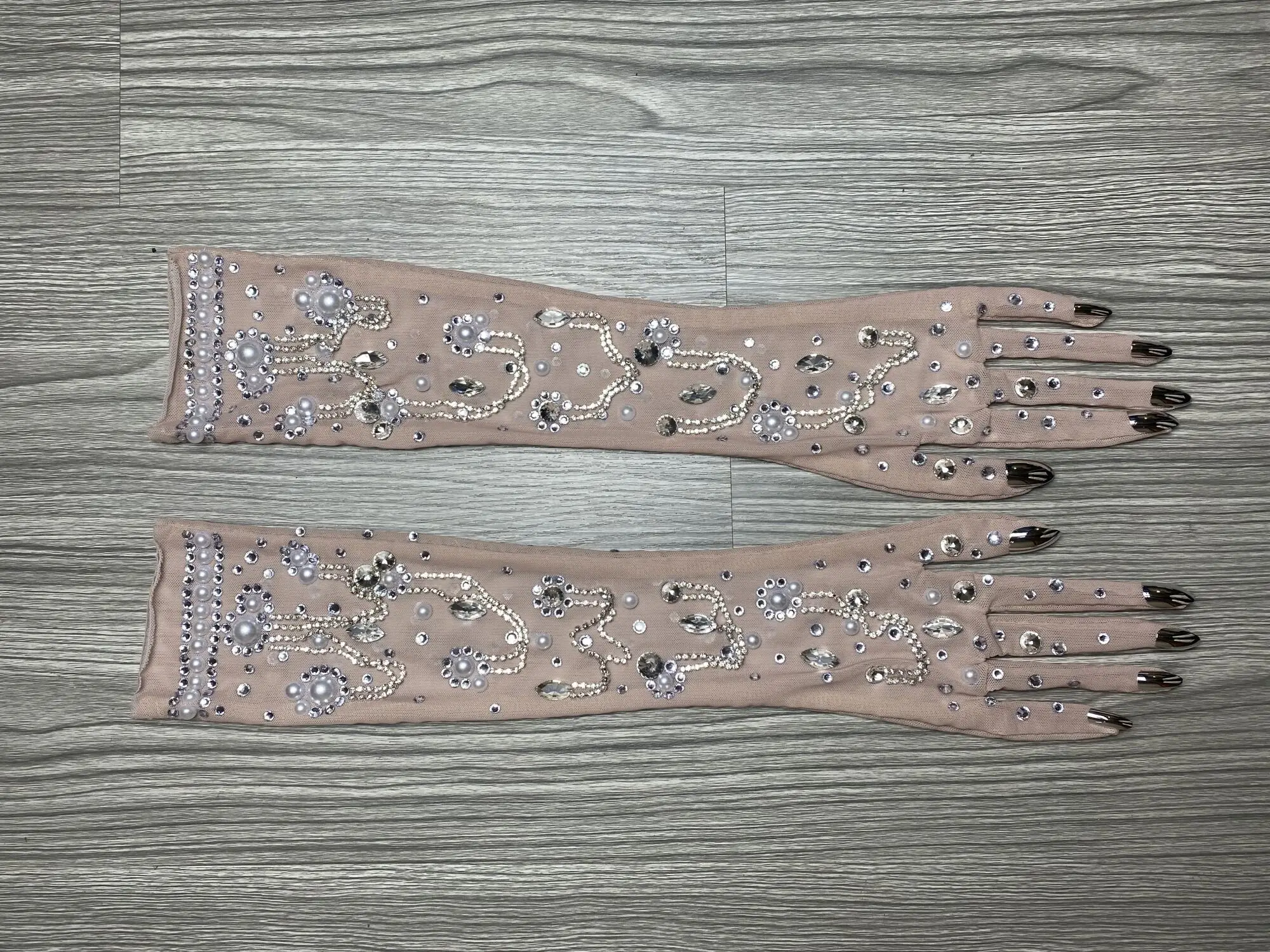 Guantes elásticos lujosos con diamantes de imitación para mujer, malla Crvsta brillante, guantes de perspectiva larga, accesorios de ropa de escenario para bailarina y cantante