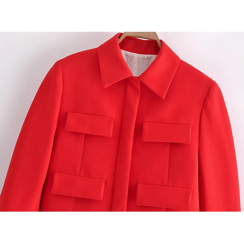 TRAF Red Women\'s Tailoring Blazers Button Cropped Blazer Women Streetwear New in Jackets Woman 2024 Holiday Short Blazer Woman