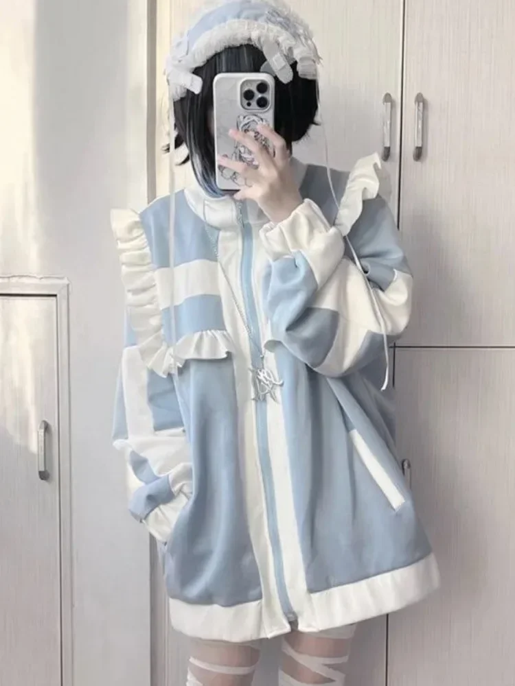 Y2K Jacket Women Jirai Kei Cutecore Kawaii Ruffle Blue White Coat Zip Up Harajuku Loose Oversized Streetwear Tops