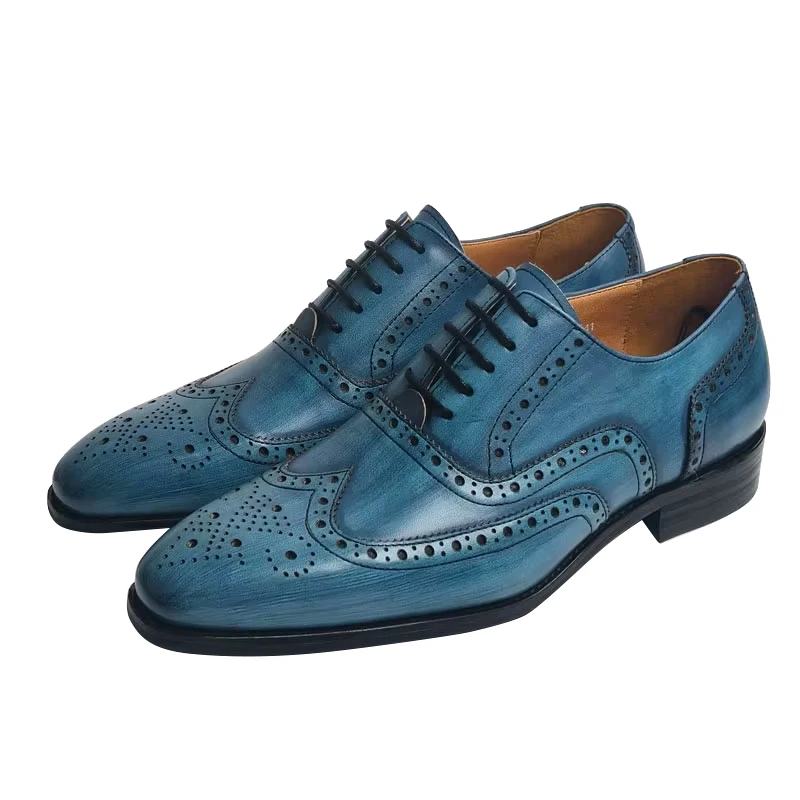 High Quality Arrival Lace up Brogue Shoe for Men Elegant Comfortable Genuine Leather Pointed Toe Blue Business Social Dress Shoe
