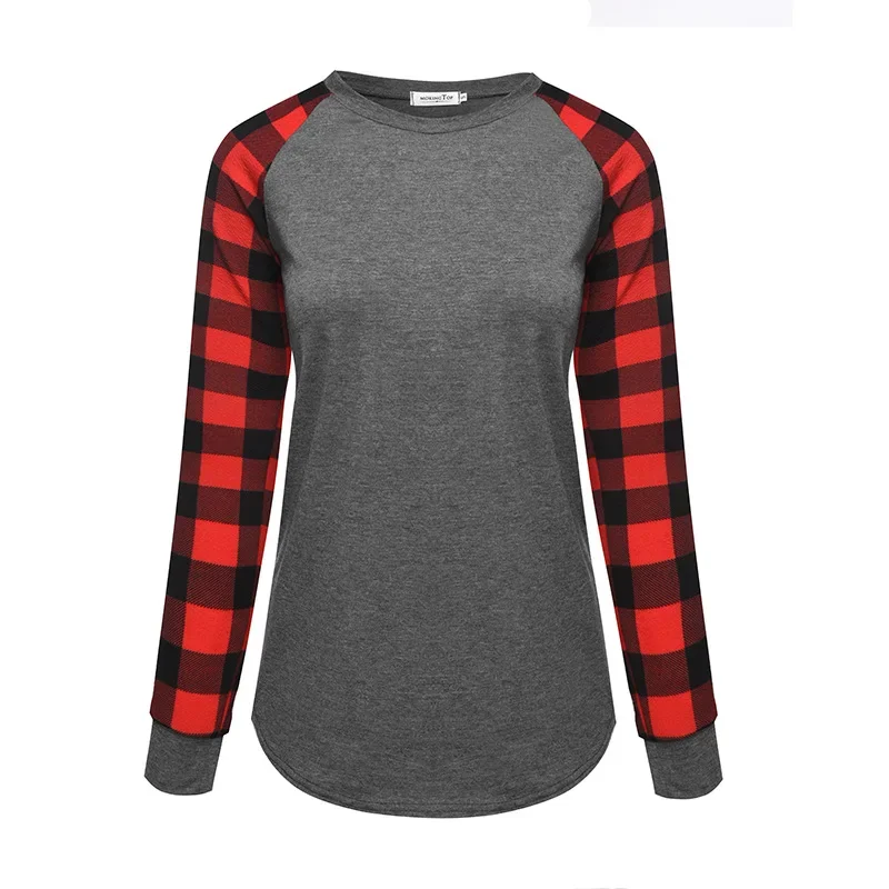 

Plaid Printed Round Neck Long Sleeved Top, Oversized T-Shirt, Graphic T Shirts, Spring and Autumn, 2024