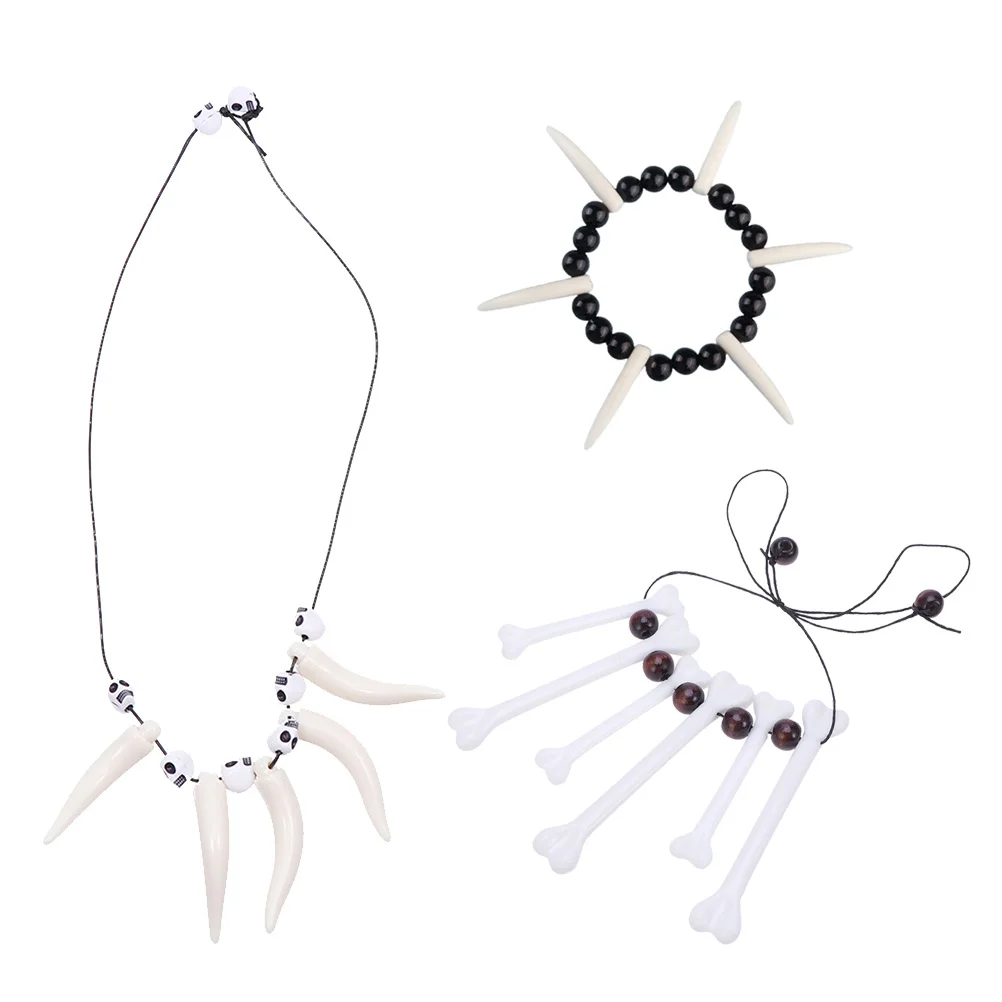 

3Pcs Bone Necklace Halloween Jewelry Set Unique Teeth Pendant Bracelet Kit Costume Party Accessories Fashionable Gift