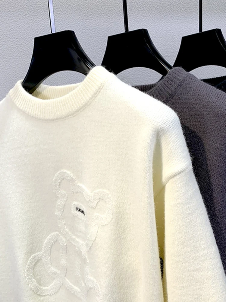 

Мужской свитер с круглым вырезом и флисовой подкладкой, свободного кроя, базовый белый, модный корейский стиль, повседневный, с длинными рукавами, зимний топ