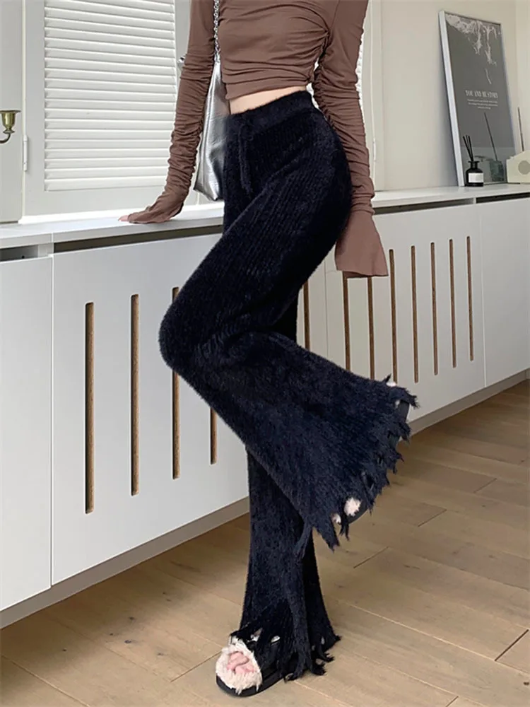 Black tassel thicken soft knit casual pants for women's autumn winter high waisted slim fitting straight tube micro flared pants