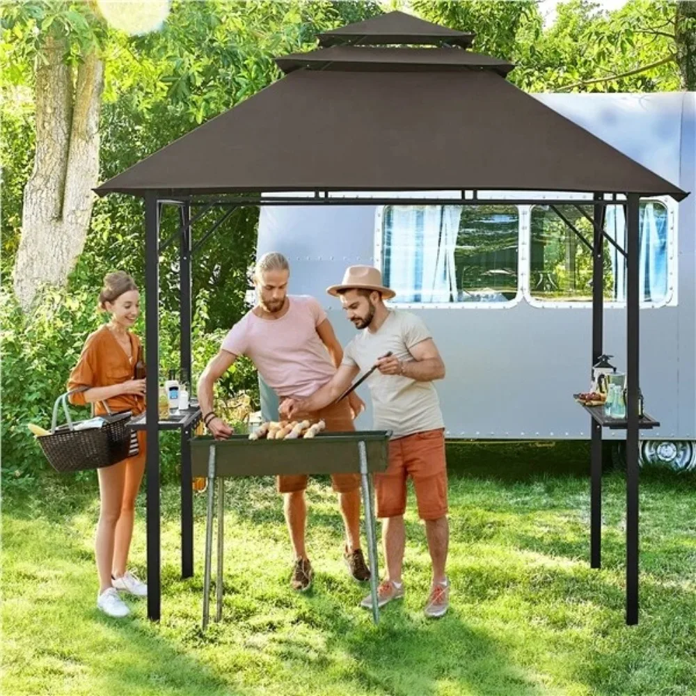 

Альтанка для гриля 8×5FT Открытая беседка для барбекю с полками и крючками с регулируемой высотой, коричневая
