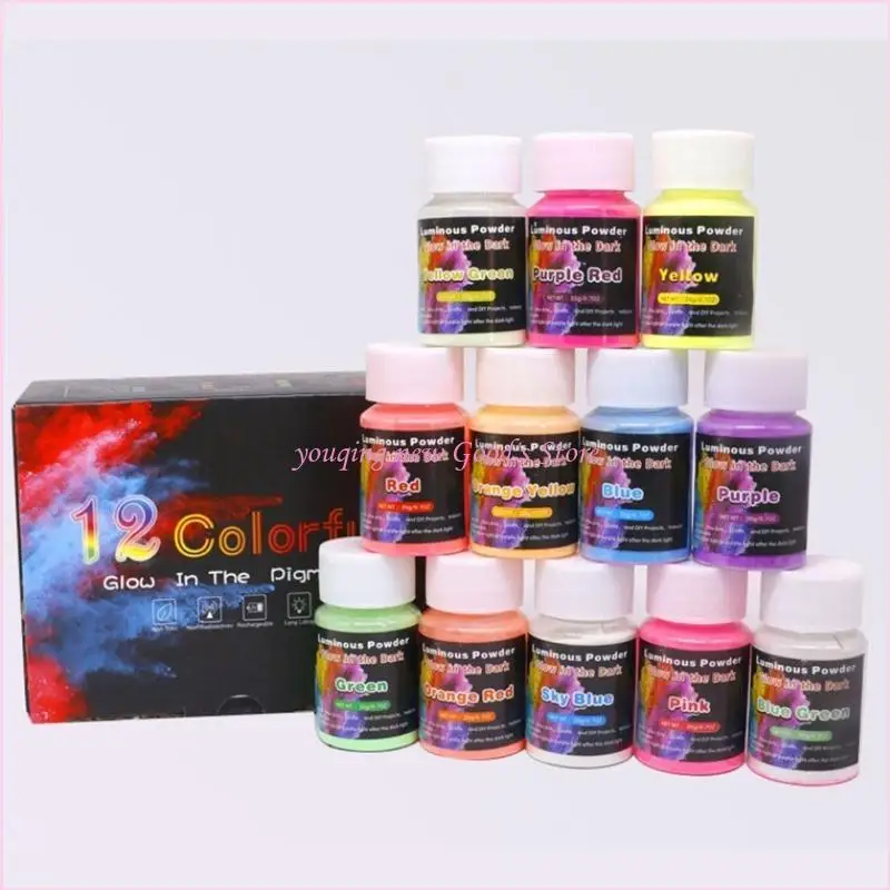 57QA 12 لون مسحوق مضيء يتوهج في الظلام مسحوق صباغة للراتنج الفن الوحل مسمار الفن الاكريليك الطلاء وصنع الحرف اليدوية