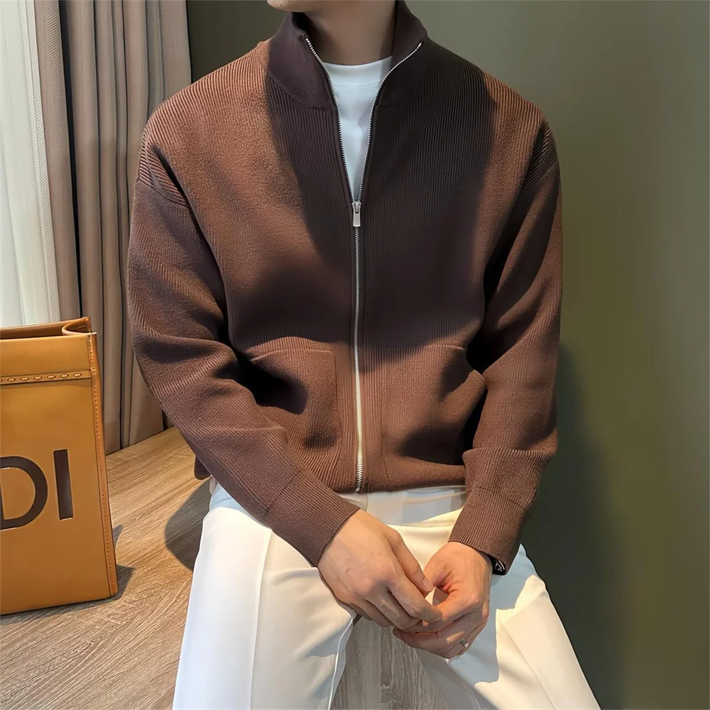 

Men's Autumn Double Zipper Cardigan Solid Knitted Sweater Casual Streetwear Baseball Collar Coat Trend Slim Men Clothes Knitwear