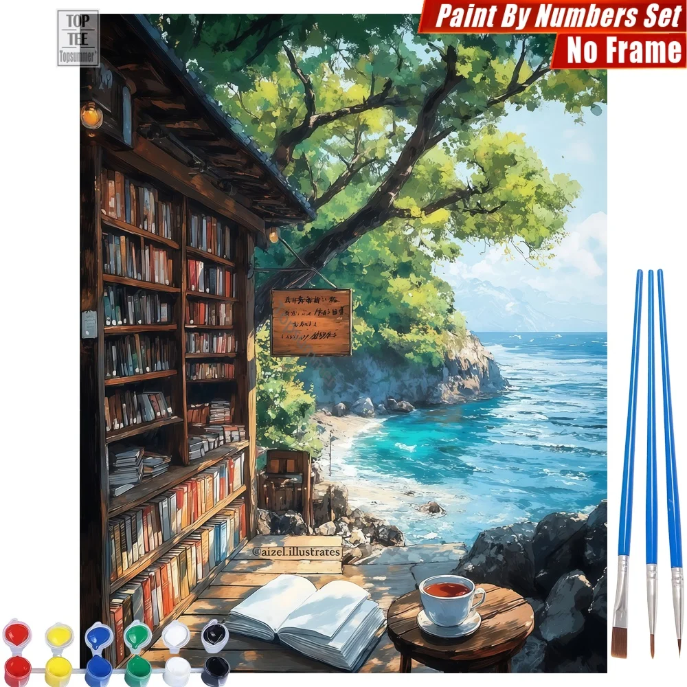 

Seaside bookstore books DIY Painting By Numbers Set - Quiet beautiful tea Quality Family Time Halloween Gift For Friend