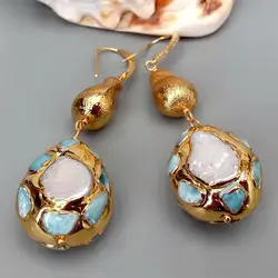 YYGEM natural Blue larimar Pave Cultured White Pearl Teardrop Shape Brushed Bead Dangle Hook Earrings