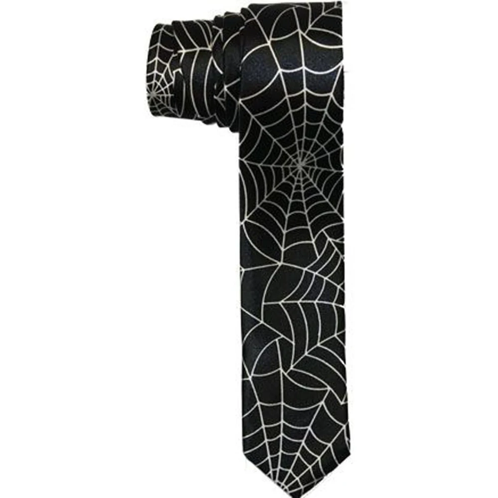 Spider Web Black Classic Tie for All Occasions Silk Feel Slim Novelty Soft Skinny Neck Tie for Halloween Party Fashion