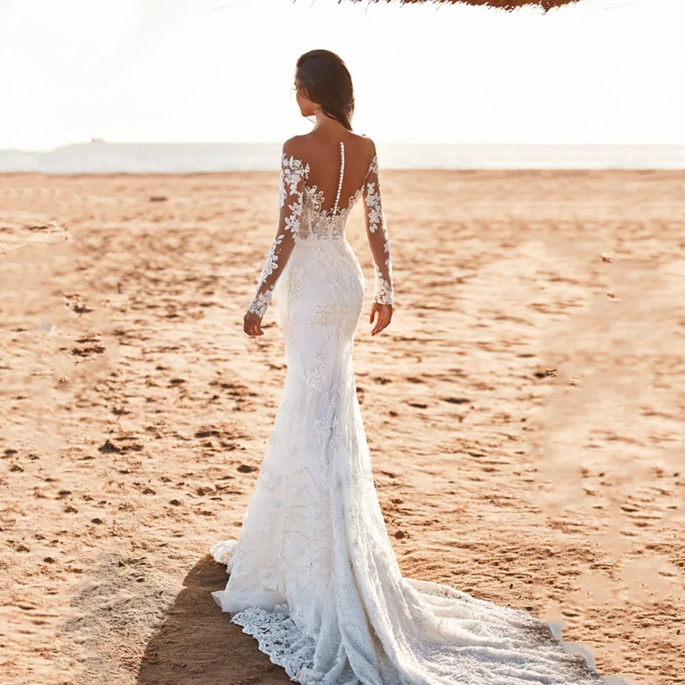 Sexy Zeemeermin Trouwjurk Sweetheart Strapless Bruid Jurk Kanten Lange Mouwen Bruidsjurk Sexy Kant Ruglooze Bridal Dress