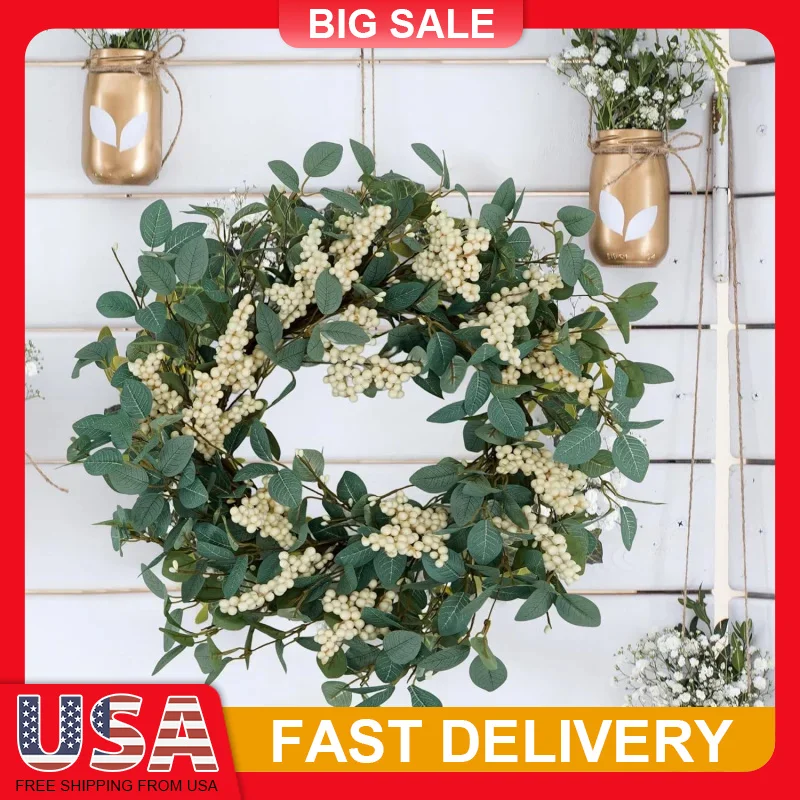 

18 Inch Artificial Eucalyptus Wreath with White Berries Home Decor for Front Door Wall Window Farmhouse Home Holiday Party Decor