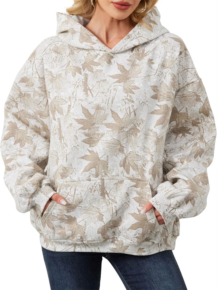 Women Oversized Maple Leaf Print Camo Hoodie Pullover Jumper Workout Hooded Fleece Sweatshirt With Front Pocket