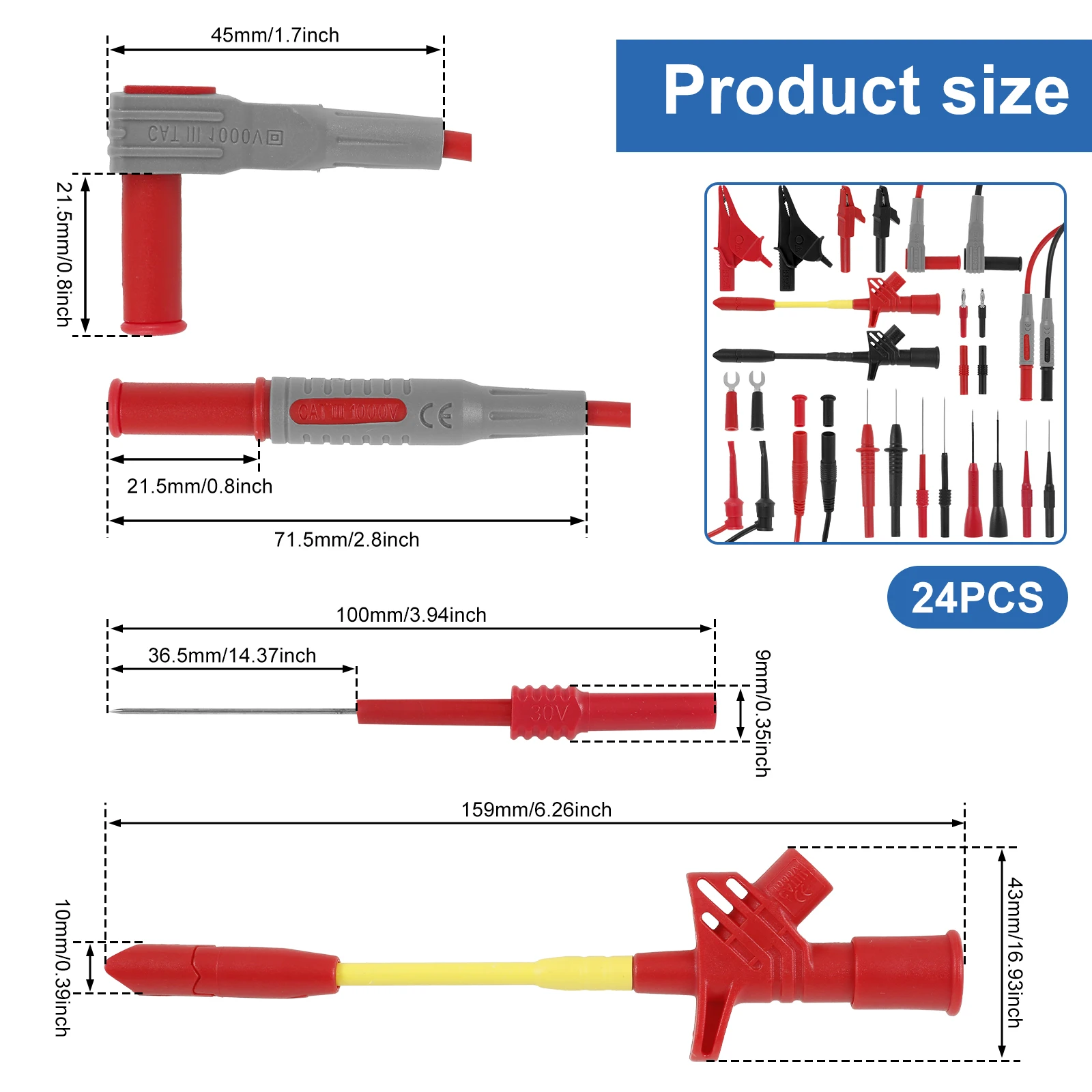 Silicone Multimeter Test Leads Set with Replaceable Probes Alligator Clips and Test Hooks 1000V 10A CAT III