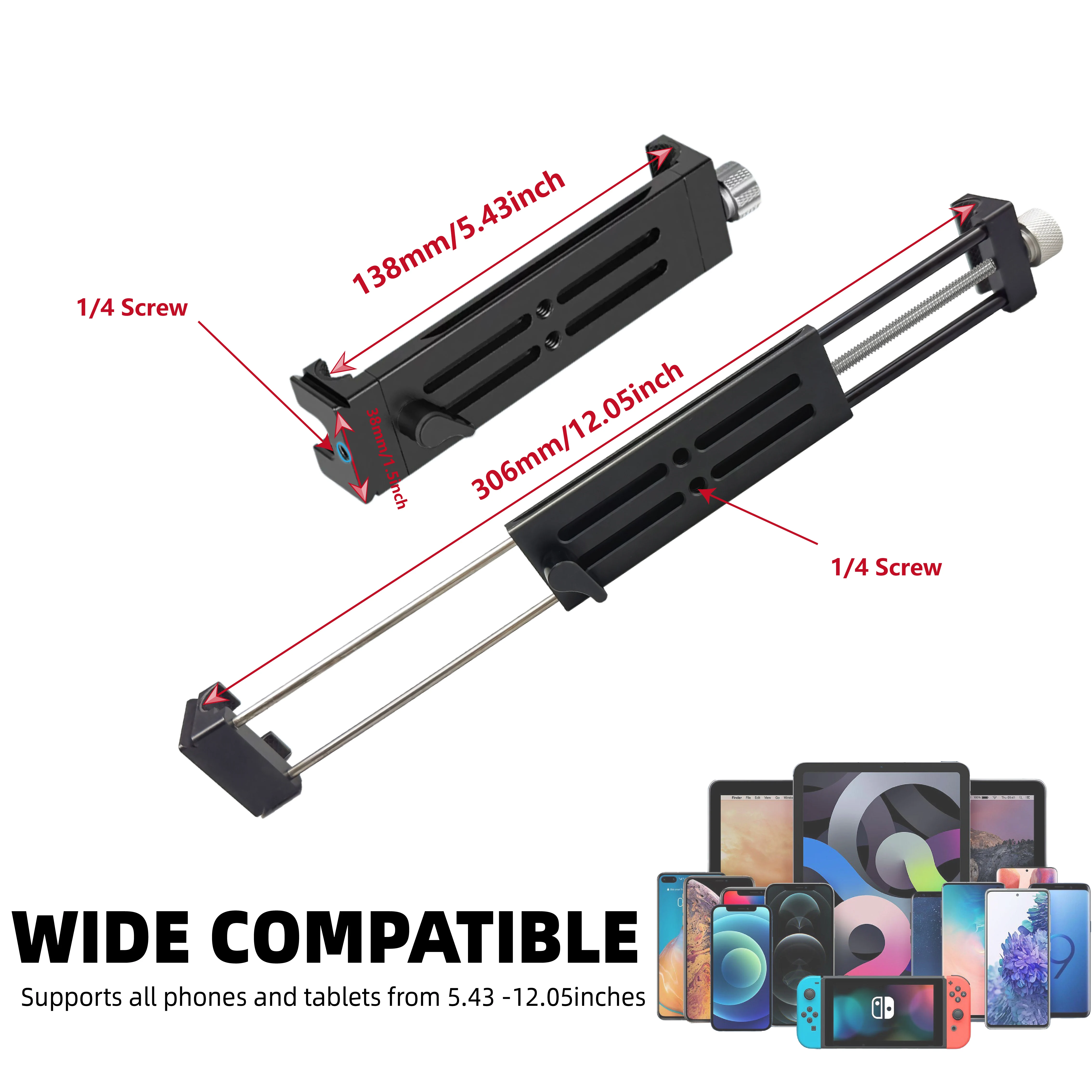 Tablet Tripod Mount Adapter with Ball Head, Aluminum Alloy Holder for 5.43-12.05 Inch Tablets,iPad Pro, Air, Mini